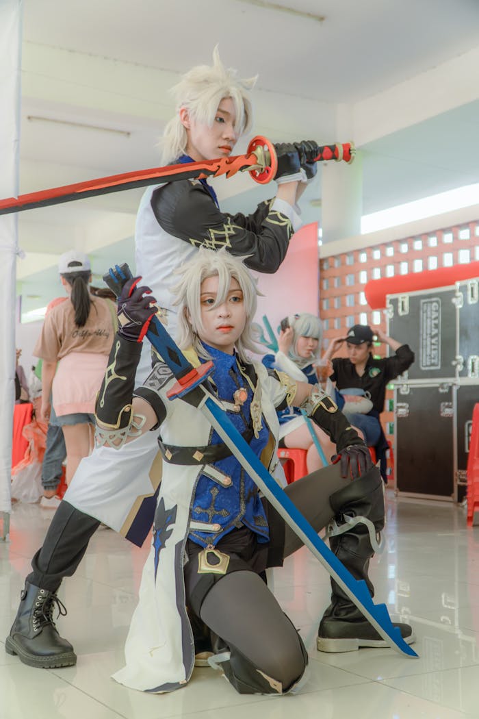services-02 Dynamic shot of cosplayers with swords in an indoor event setting.