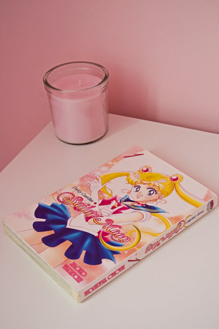 services-03 Colorful anime book beside a pink candle on a white table with pink background.