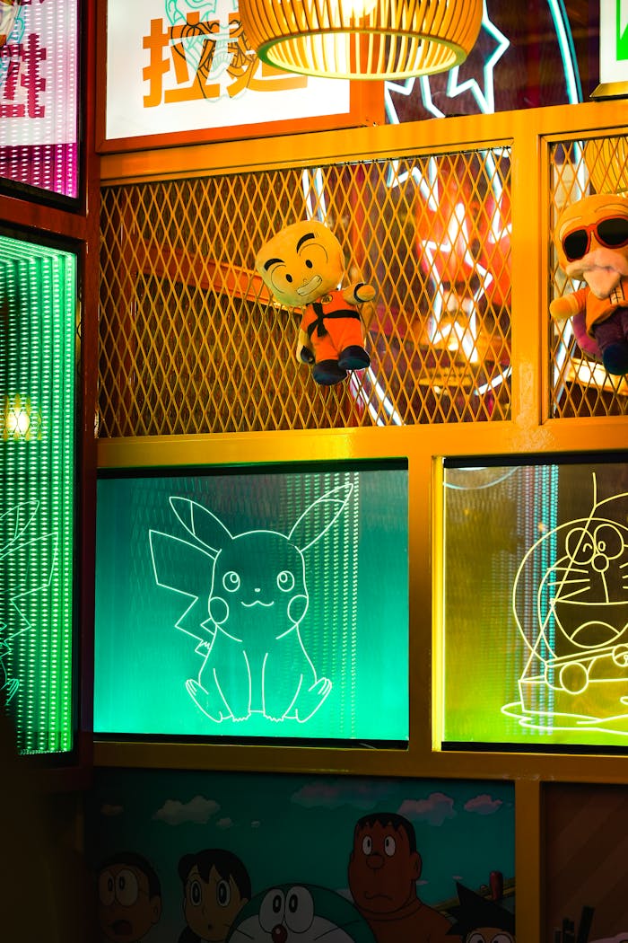 services-03 A vibrant and colorful anime-themed restaurant decor in Tokyo, featuring iconic neon signs and plush toys.