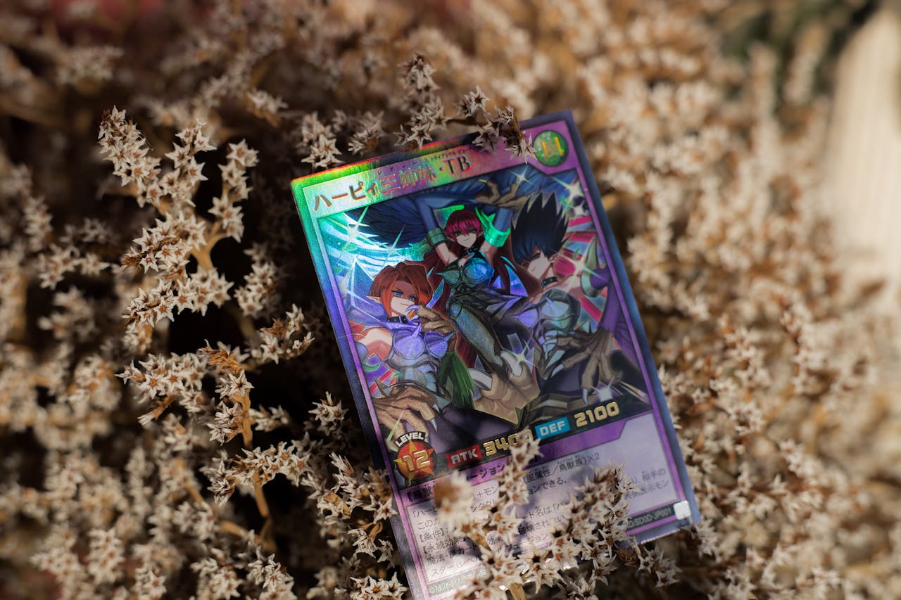 Vibrant trading card featuring anime artwork, placed on dried foliage. Perfect for collectors and hobbyists.