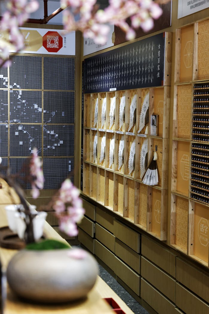 why-choose-us Interior shot of a Japanese store displaying traditional folding fans with cherry blossoms foreground.